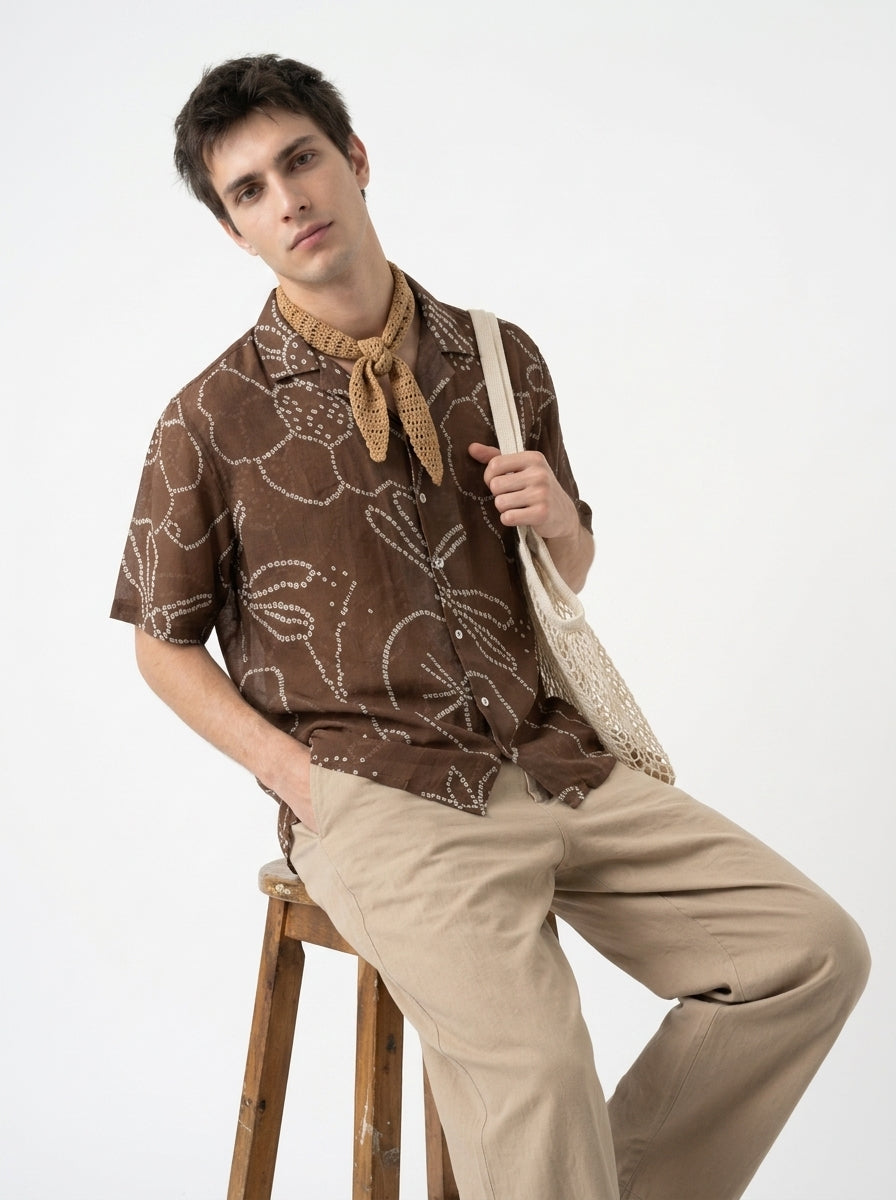 Brown Bandhani Print Cuban Collar Short Sleeve Cotton Shirt For Men