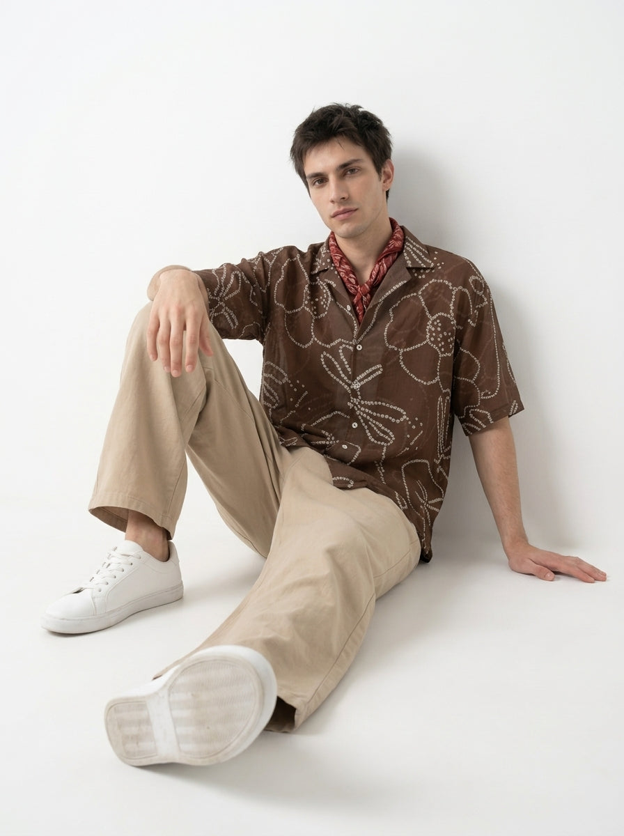 Brown Bandhani Print Cuban Collar Short Sleeve Cotton Shirt For Men