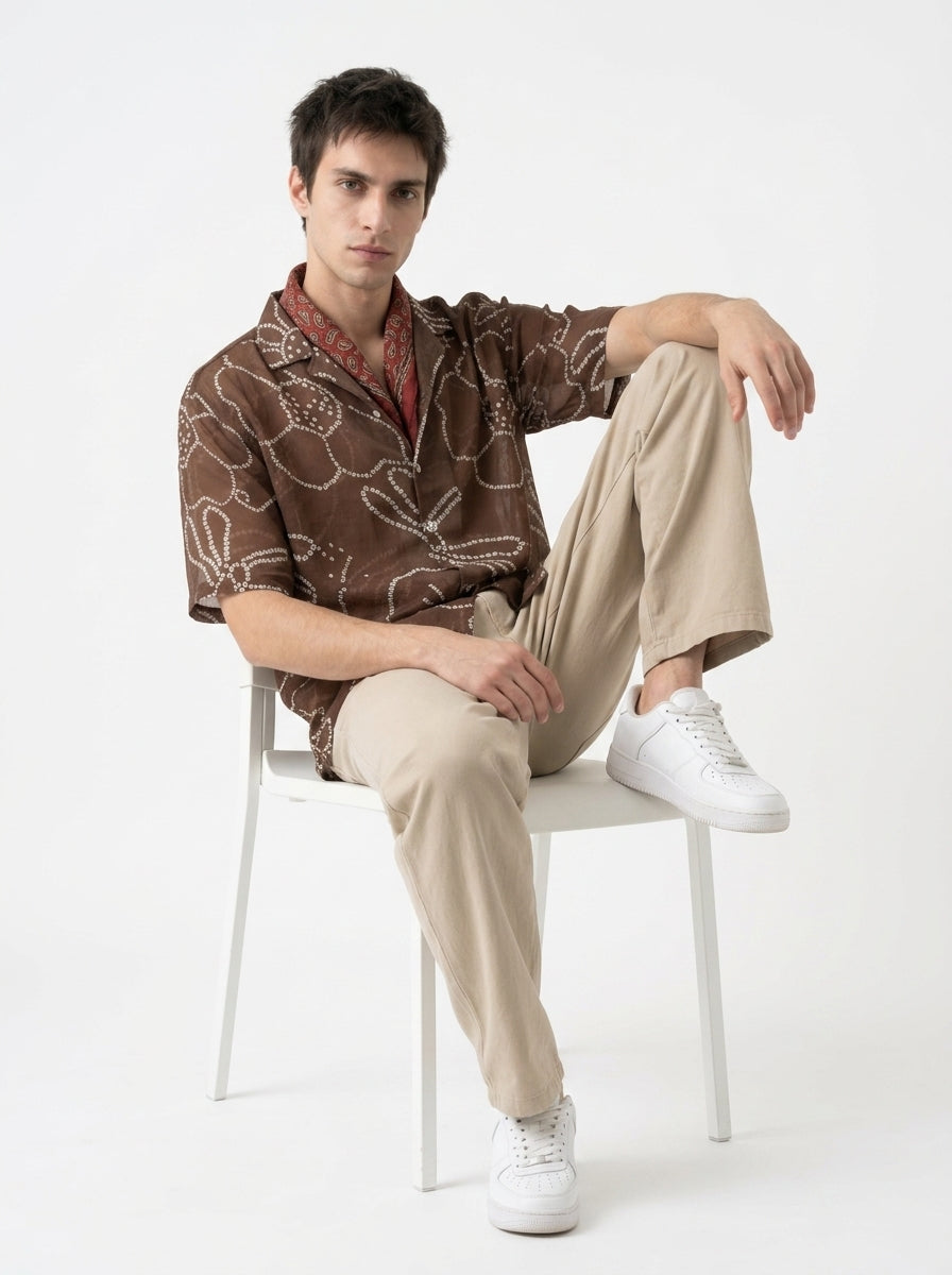 Brown Bandhani Print Cuban Collar Short Sleeve Cotton Shirt For Men