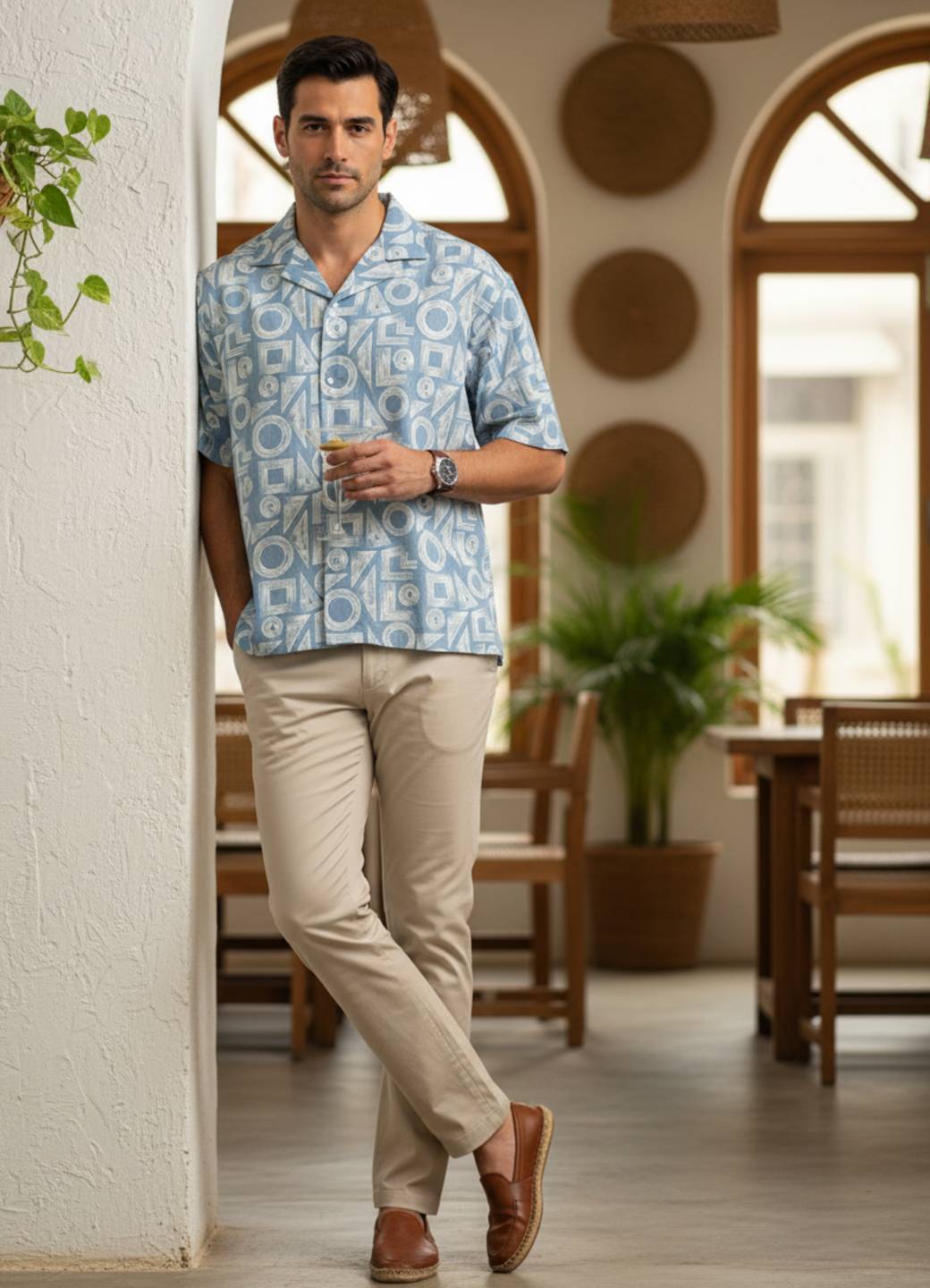 Blue Cuban Collar Abstract Print Cotton Shirt For Men