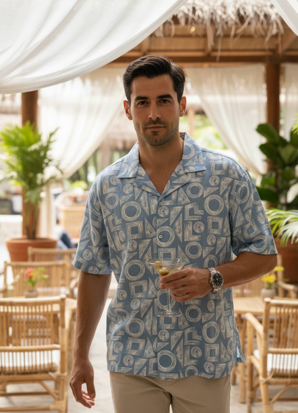 Blue Cuban Collar Abstract Print Cotton Shirt For Men