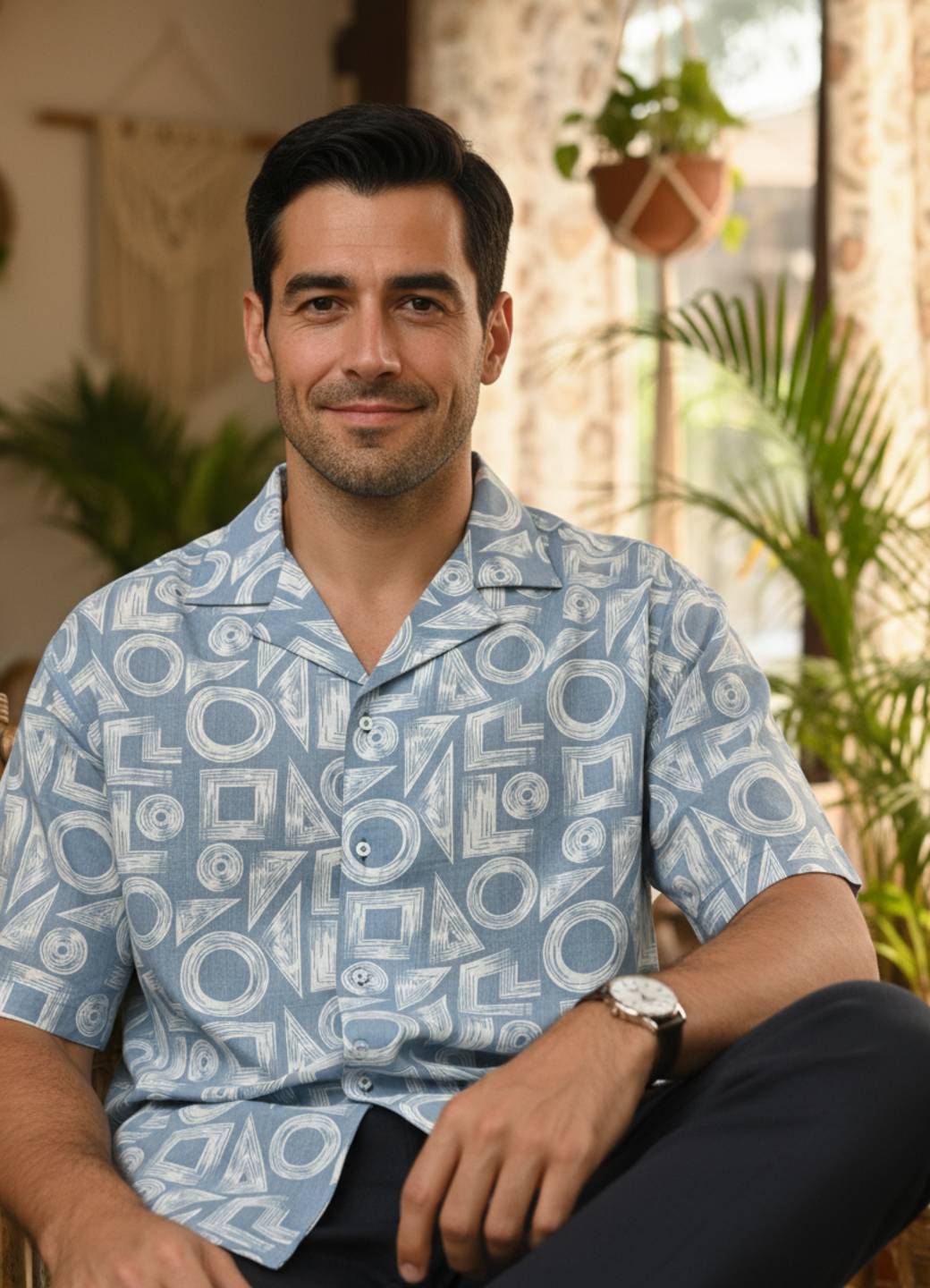 Blue Cuban Collar Abstract Print Cotton Shirt For Men
