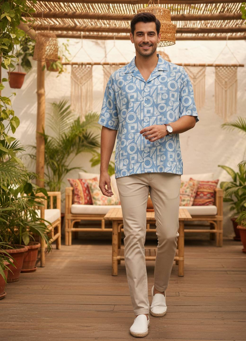 Blue Cuban Collar Abstract Print Cotton Shirt For Men