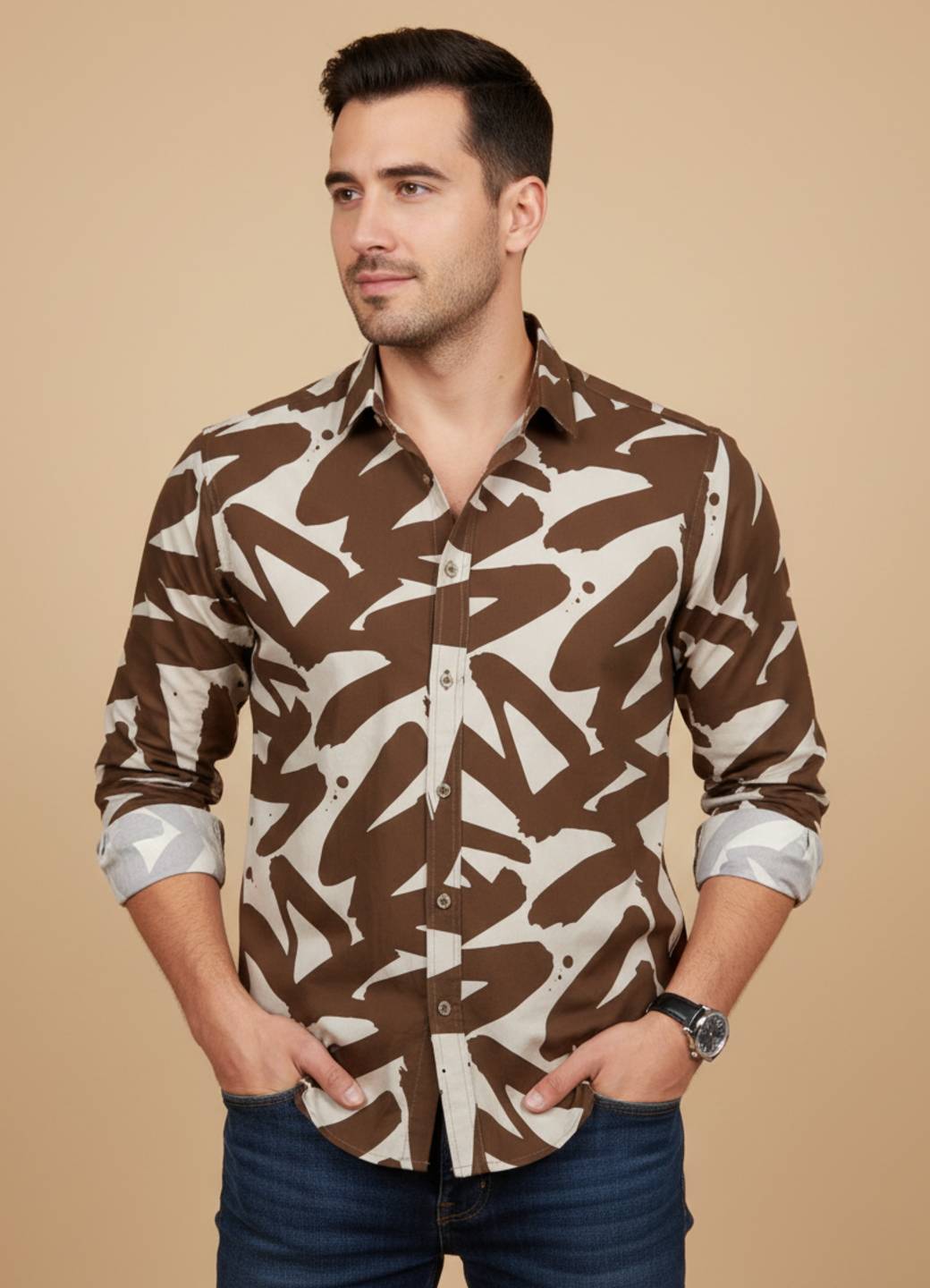 Brown Abstract Cuban Collar Cotton Shirt For Men