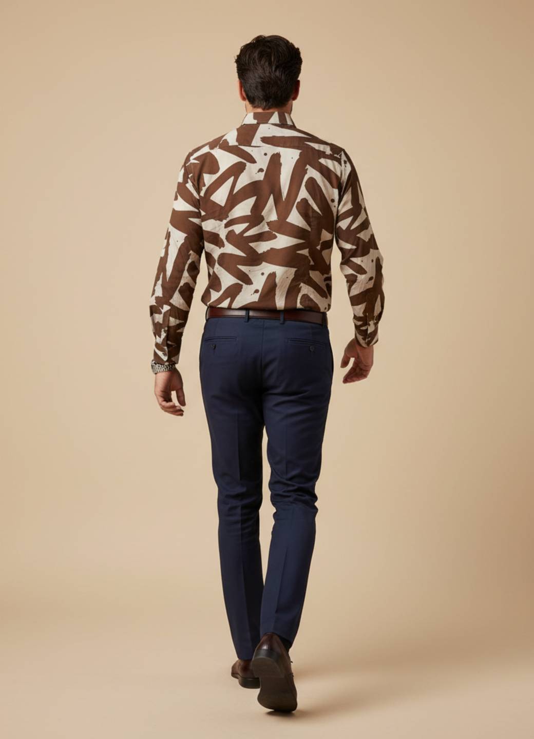 Brown Abstract Cuban Collar Cotton Shirt For Men
