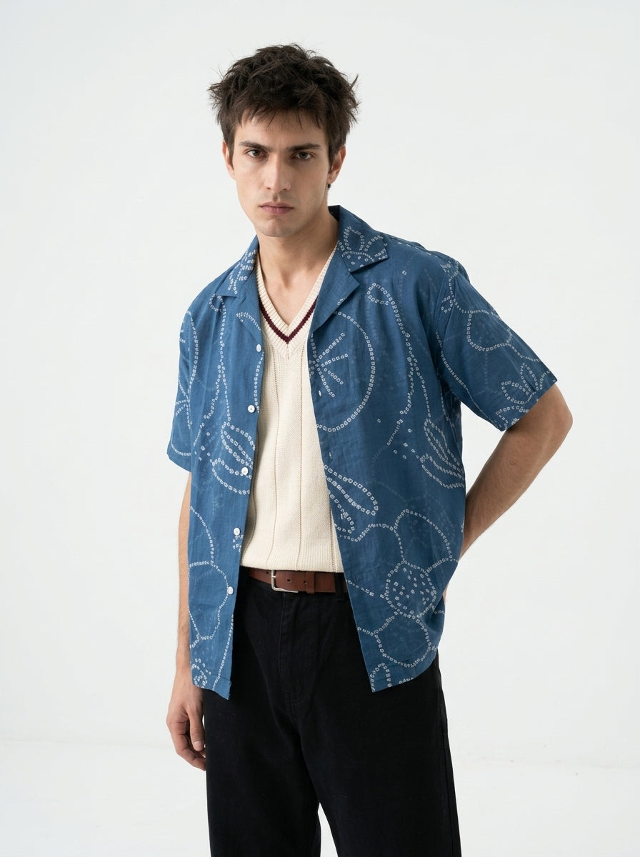Blue Cuban Collar Bandhani Print Short Sleeve Cotton Shirt For Men