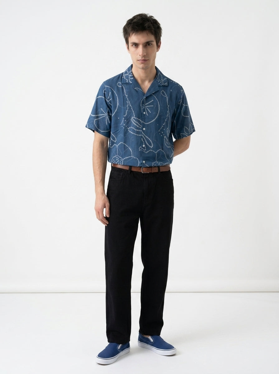 Blue Cuban Collar Bandhani Print Short Sleeve Cotton Shirt For Men