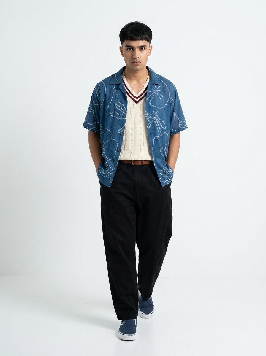 Blue Cuban Collar Bandhani Print Short Sleeve Cotton Shirt For Men