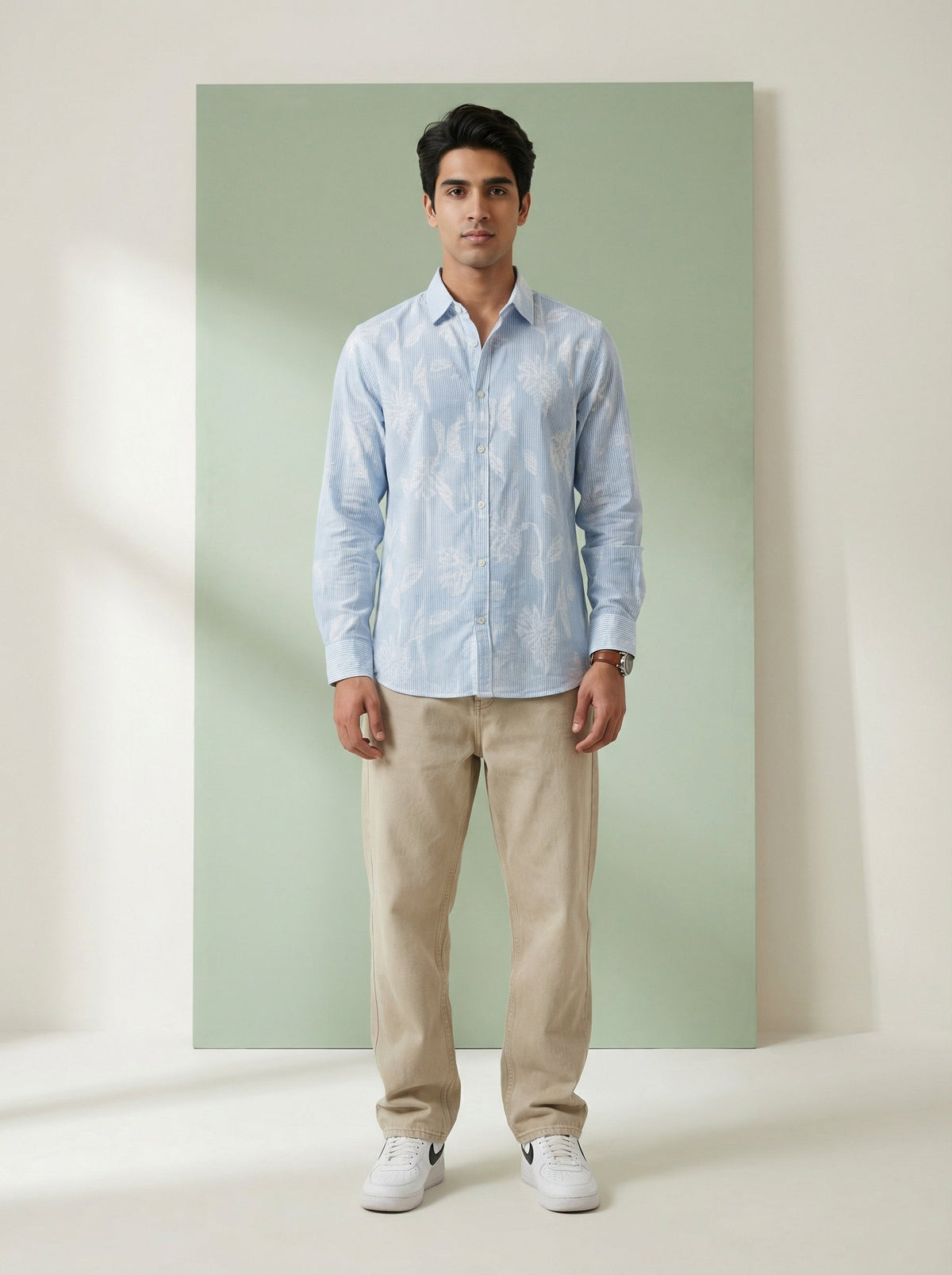 Blue Stripes Floral Print Handloom Cotton Spread Collar Shirt For Men