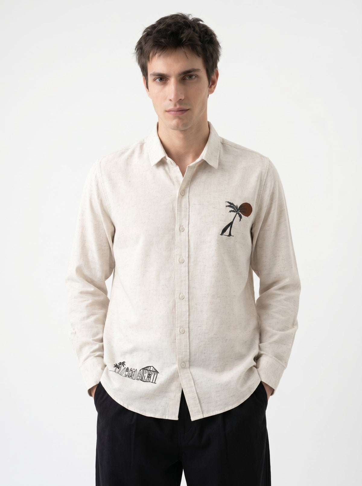 Beige Floral Embroidered Band Collar Cotton Shirt For Men