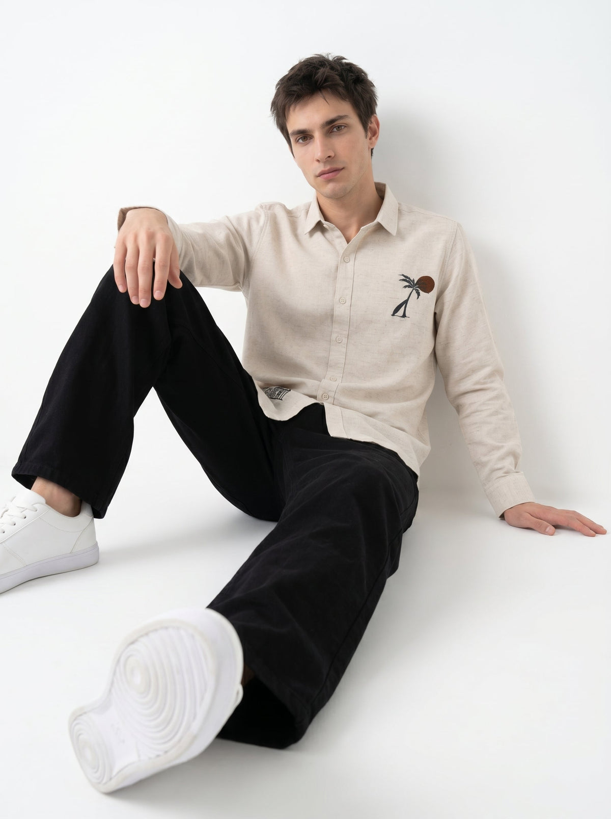 Beige Floral Embroidered Band Collar Cotton Shirt For Men