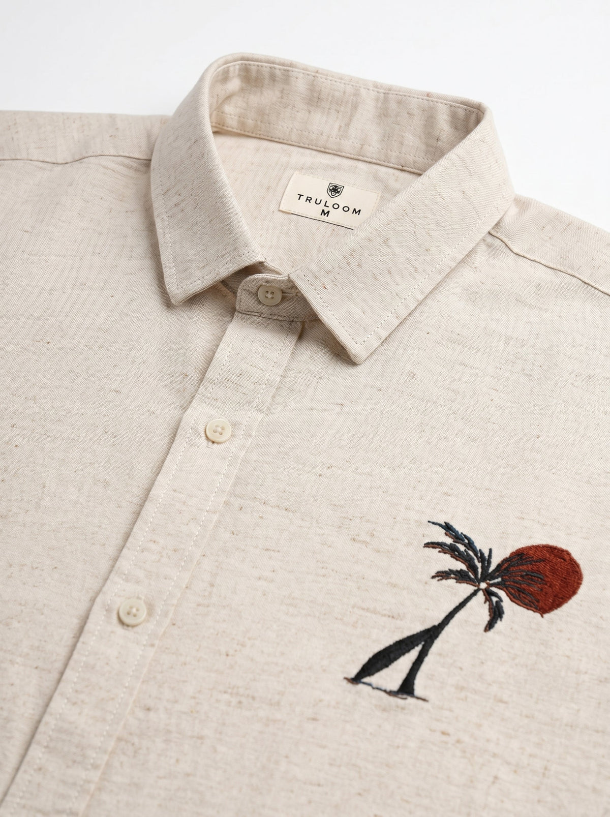 Beige Floral Embroidered Band Collar Cotton Shirt For Men
