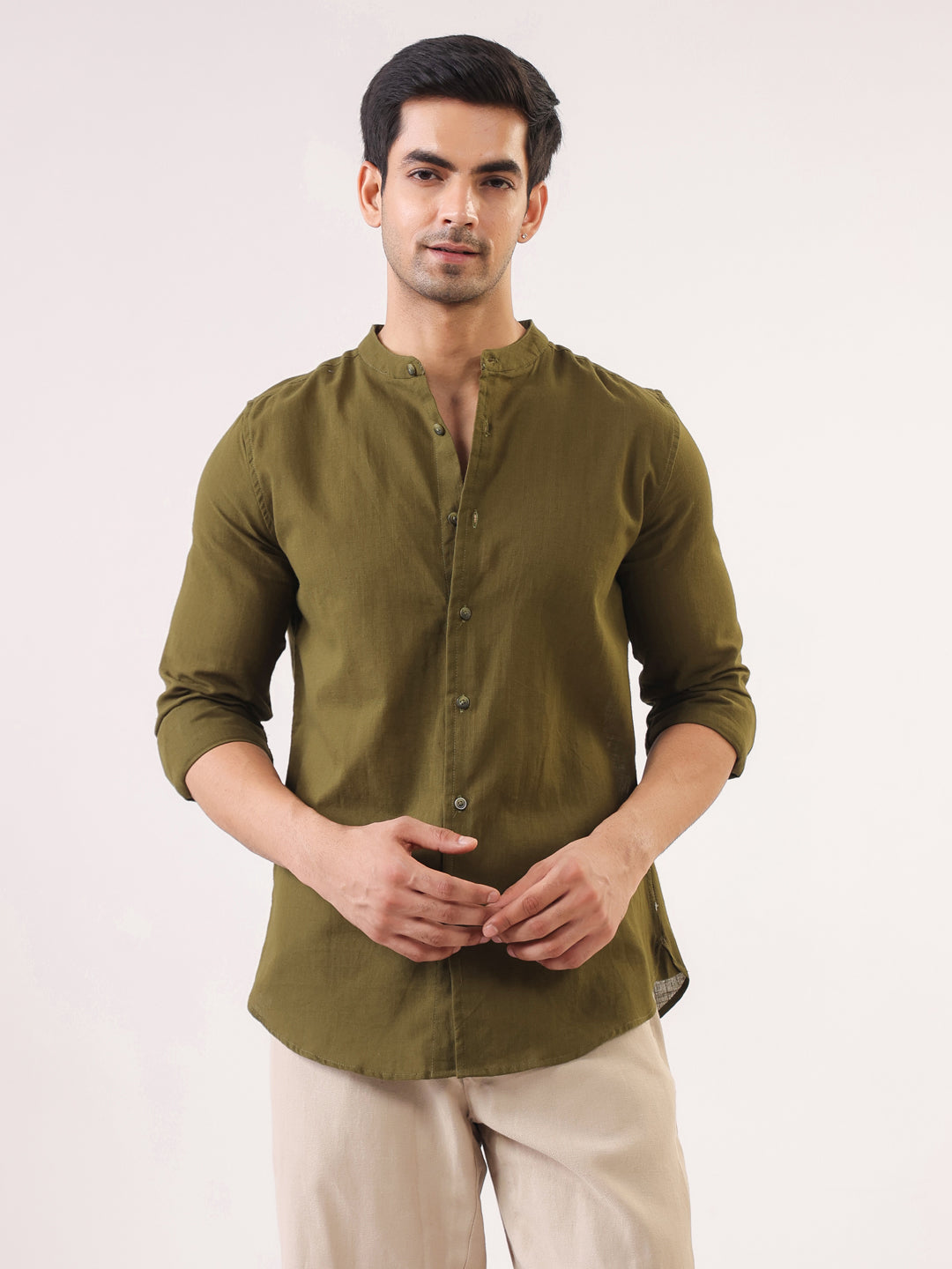 Olive Solid Cotton Mandarin Collar Shirt For Men