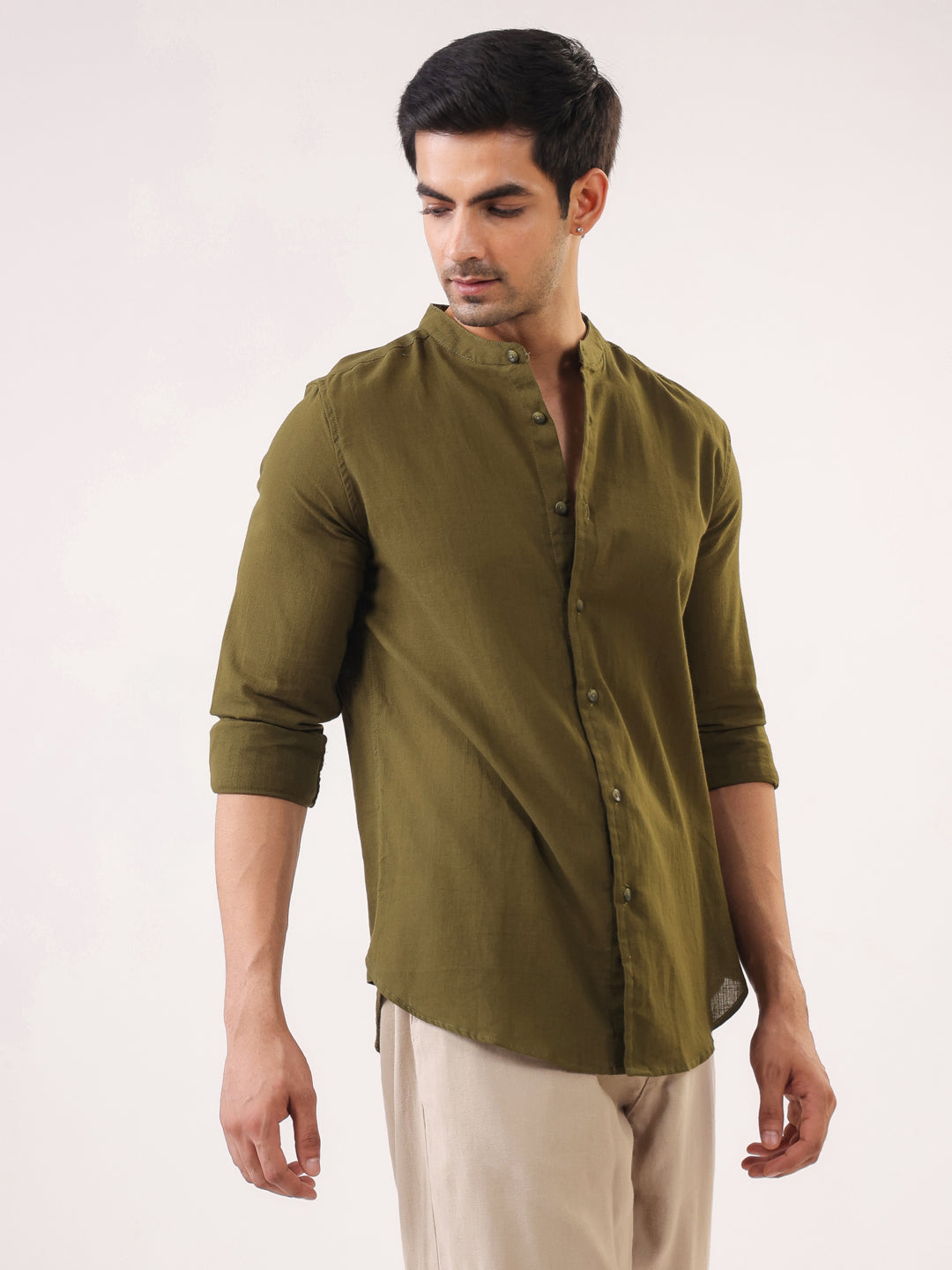 Olive Solid Cotton Mandarin Collar Shirt For Men