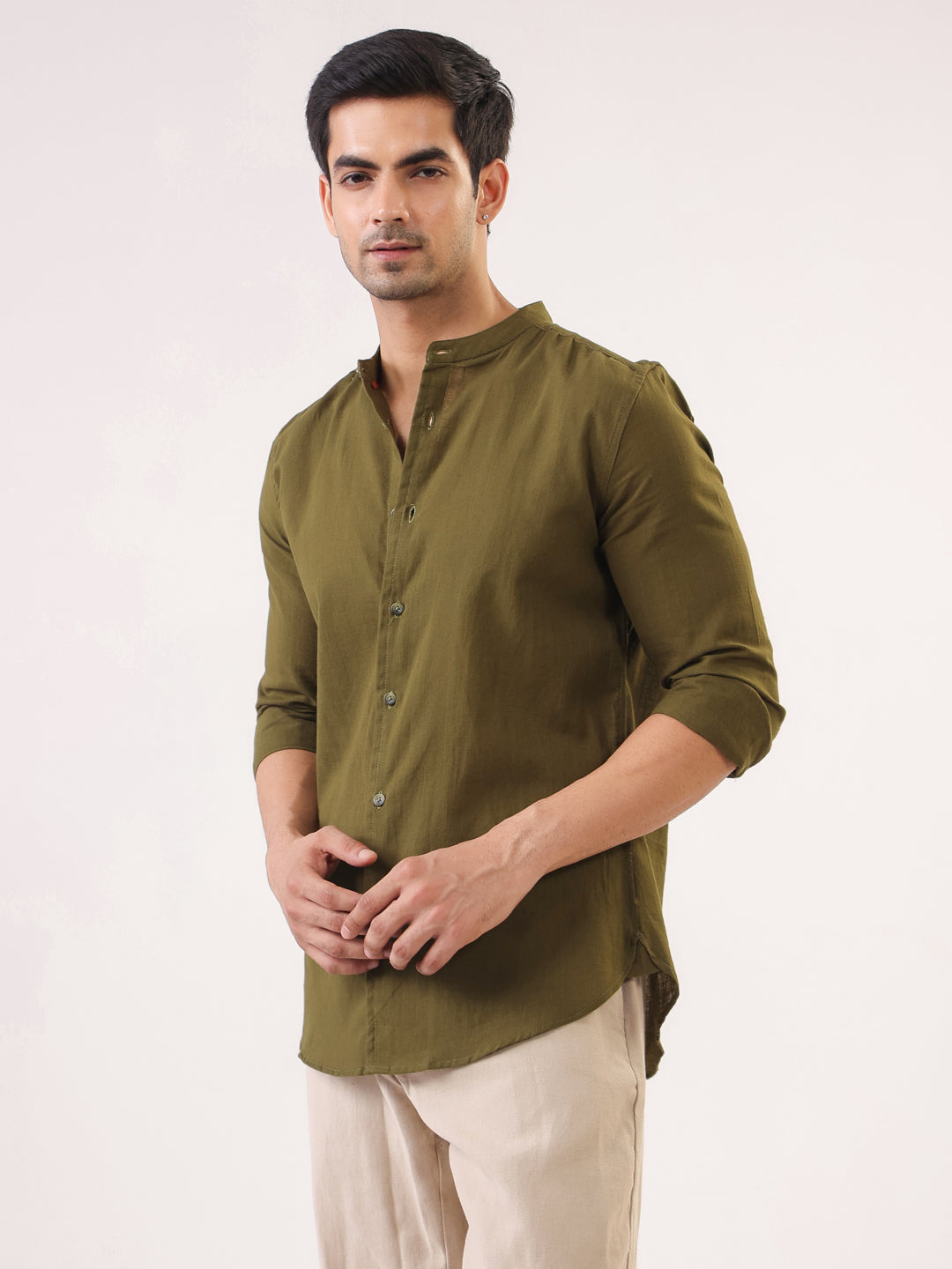 Olive Solid Cotton Mandarin Collar Shirt For Men