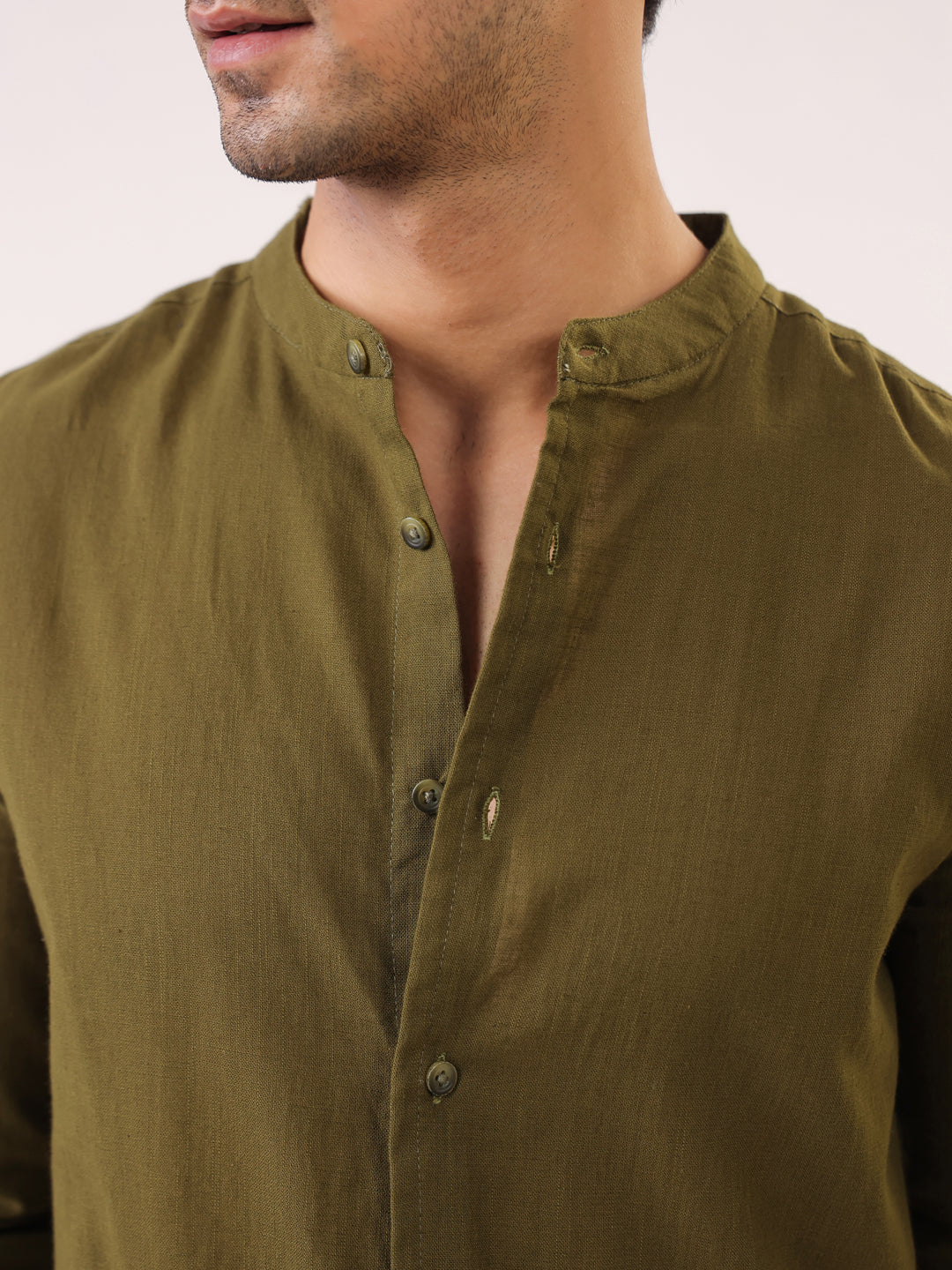 Olive Solid Cotton Mandarin Collar Shirt For Men