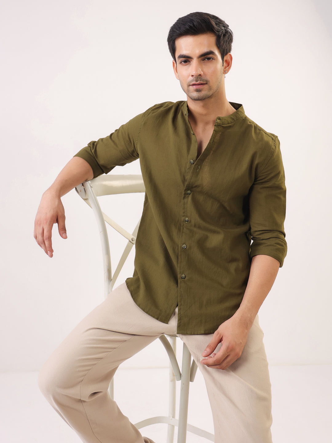 Olive Solid Cotton Mandarin Collar Shirt For Men