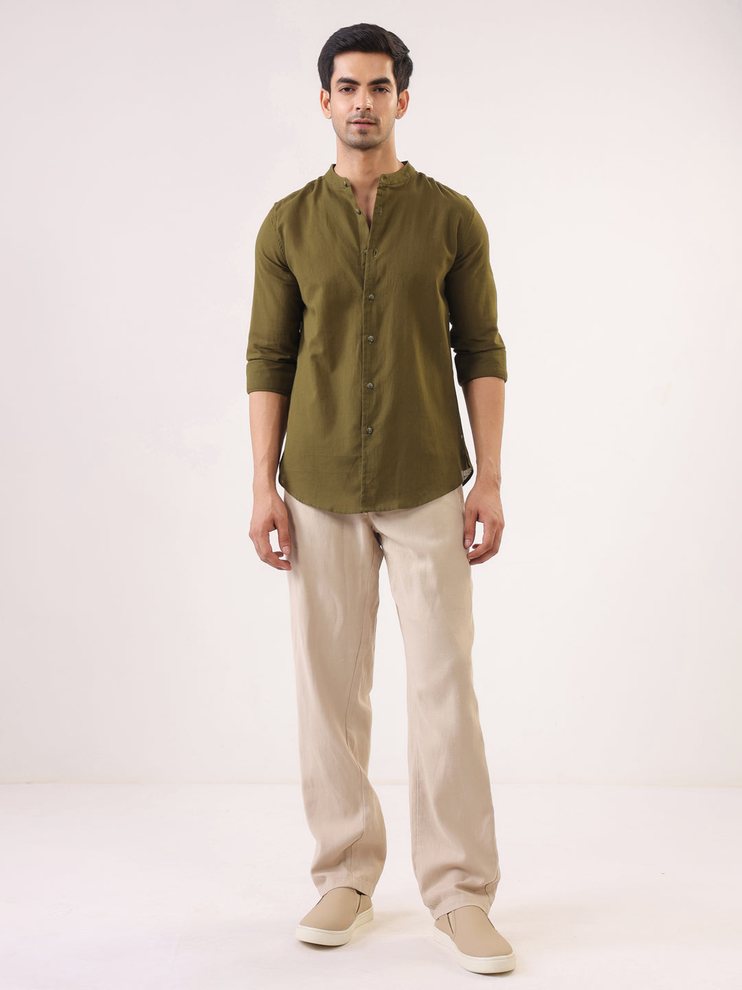 Olive Solid Cotton Mandarin Collar Shirt For Men