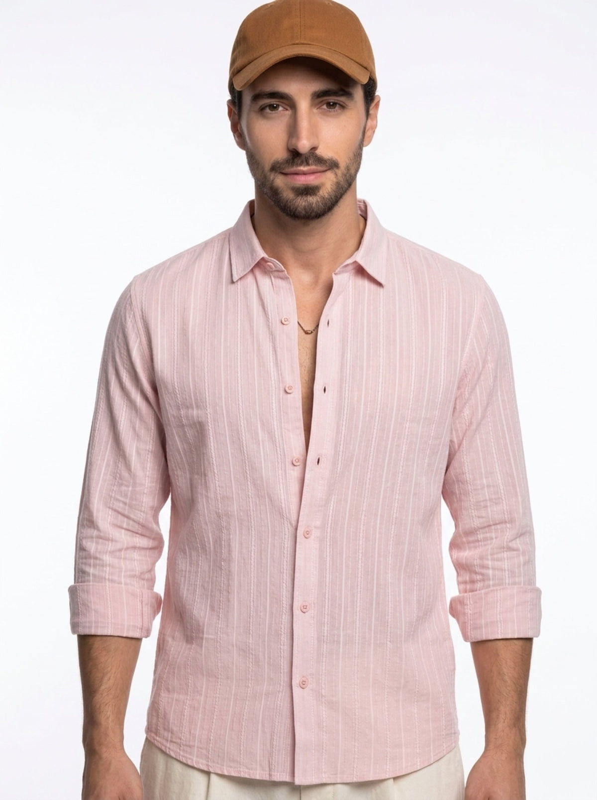 Peach Band Collar Textured Striped Casual Cotton Shirt For Men