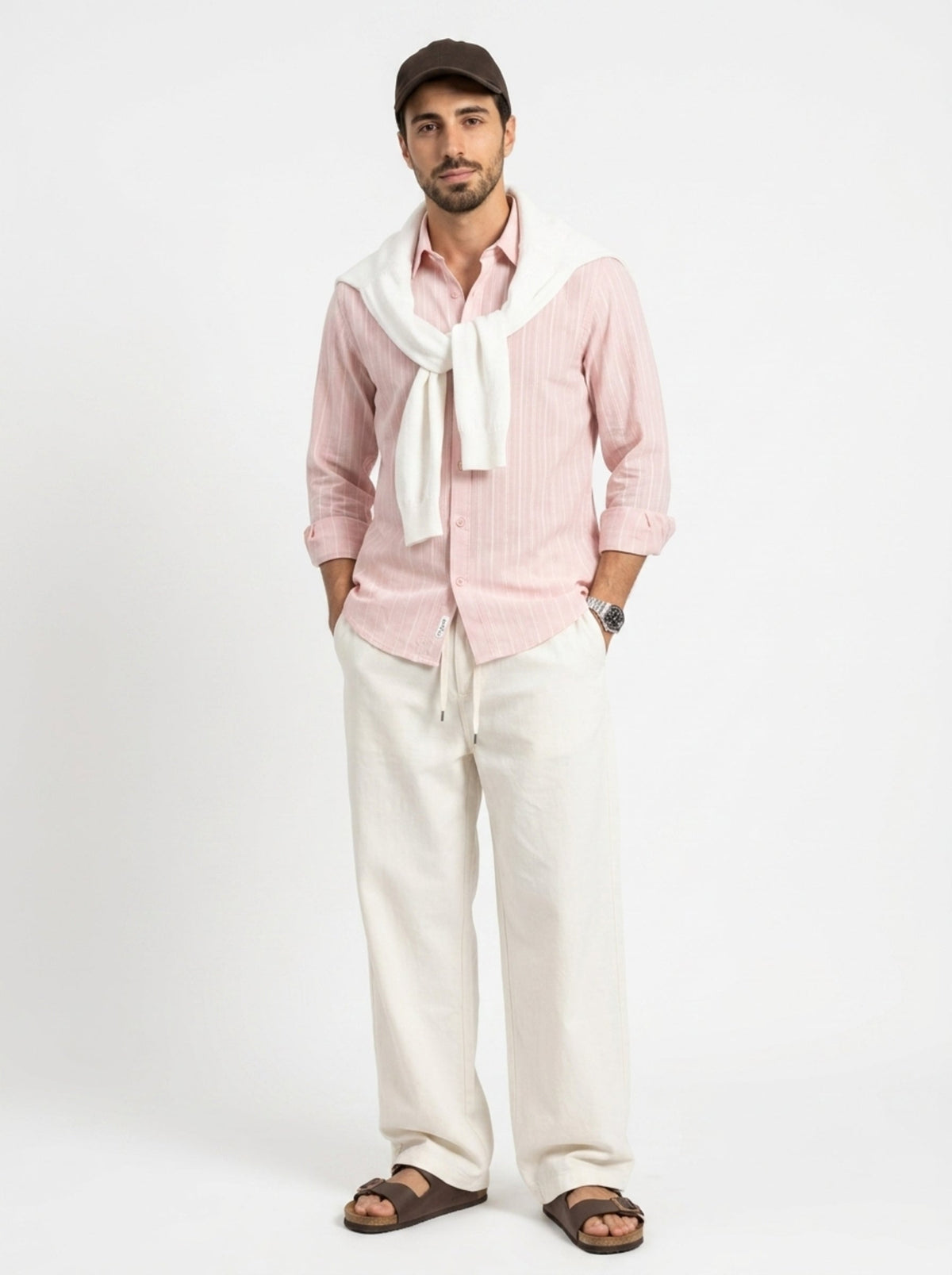 Peach Band Collar Textured Striped Casual Cotton Shirt For Men