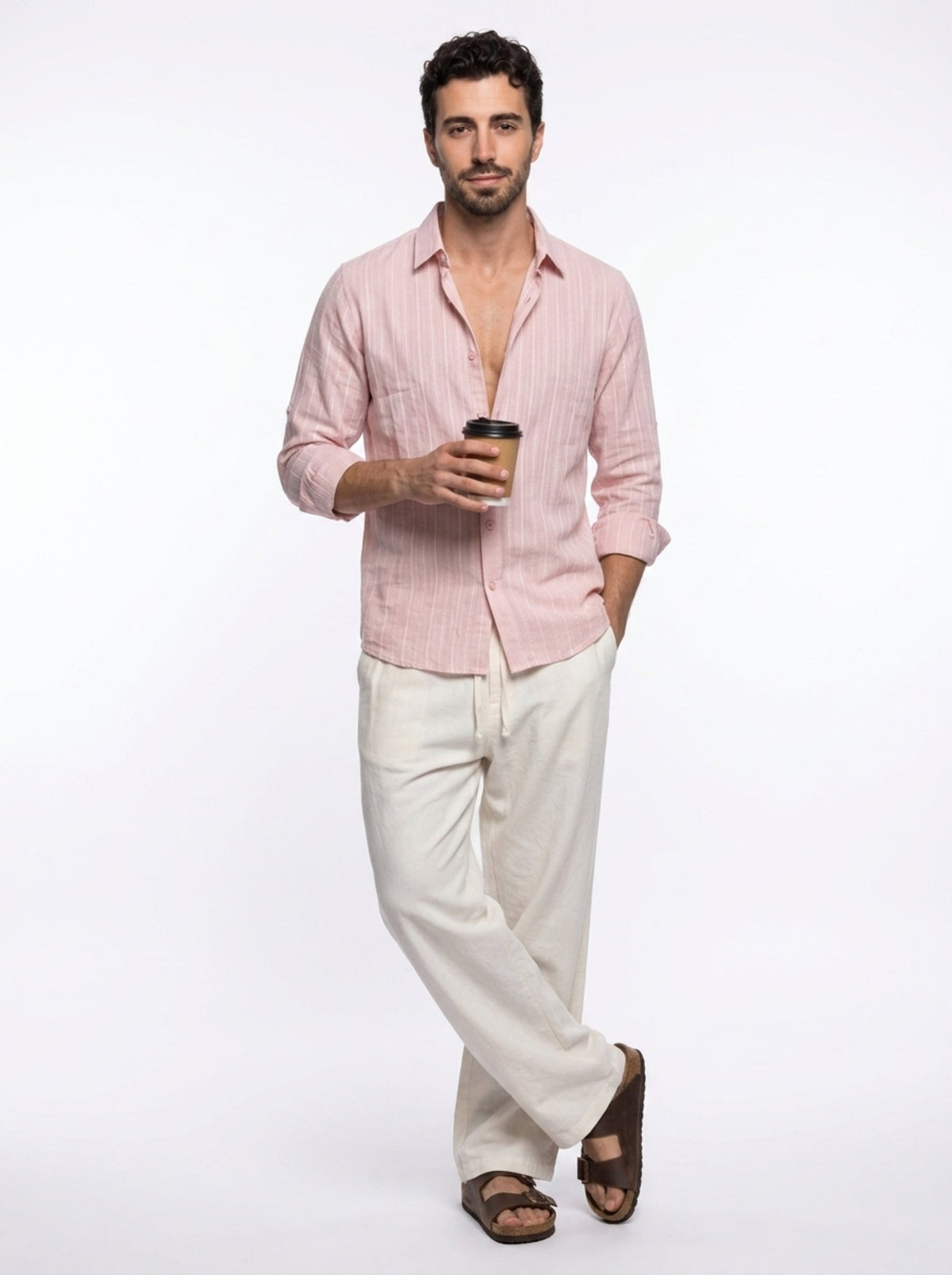 Peach Band Collar Textured Striped Casual Cotton Shirt For Men