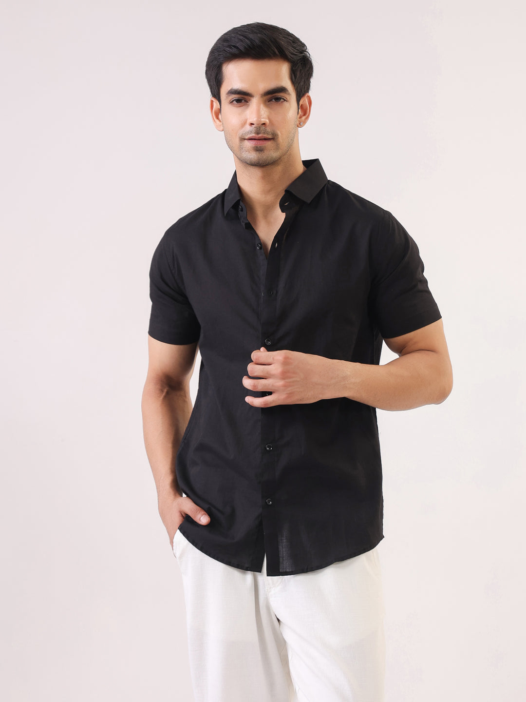 Black Solid Band Collar Cotton Shirt For Men