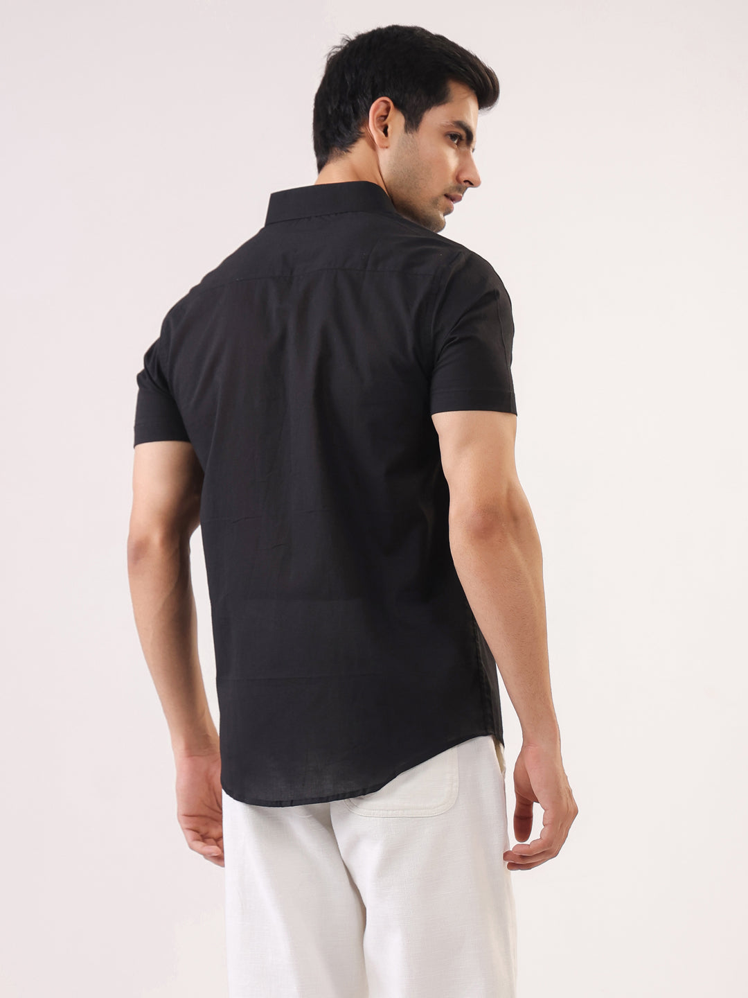 Black Solid Band Collar Cotton Shirt For Men