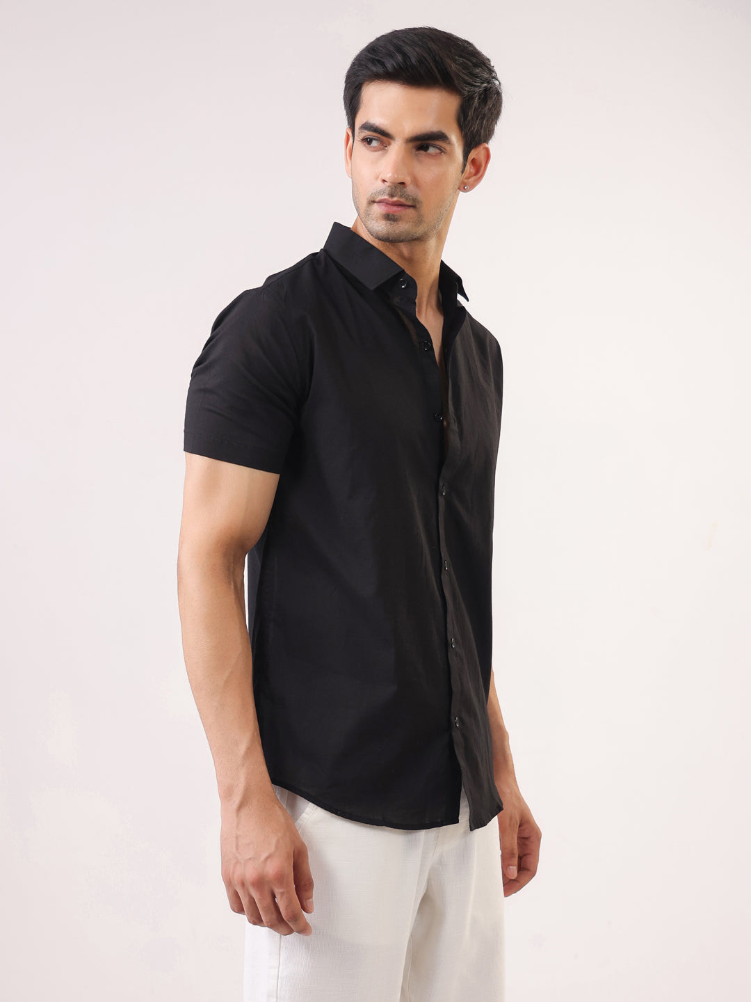 Black Solid Band Collar Cotton Shirt For Men