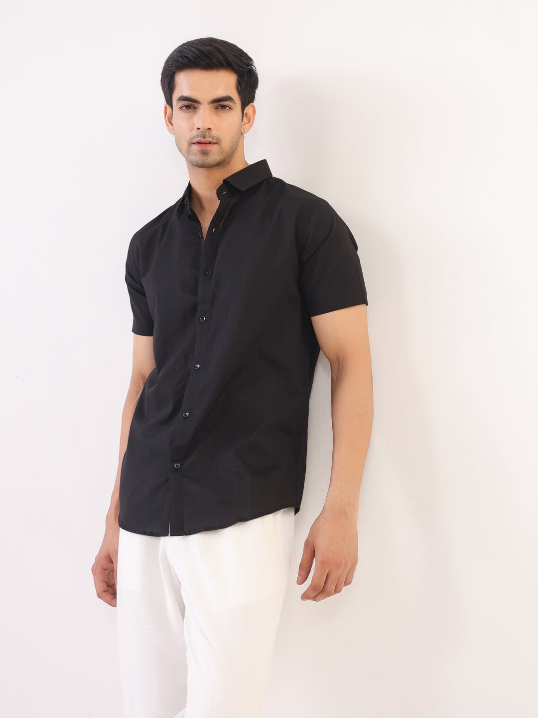 Black Solid Band Collar Cotton Shirt For Men