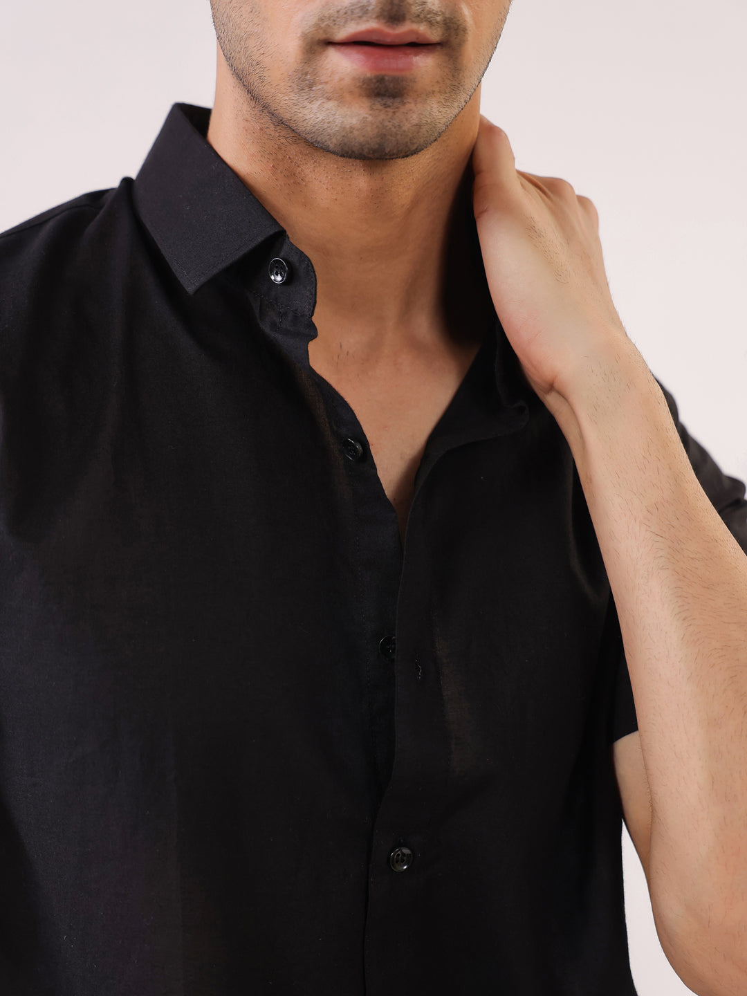 Black Solid Band Collar Cotton Shirt For Men