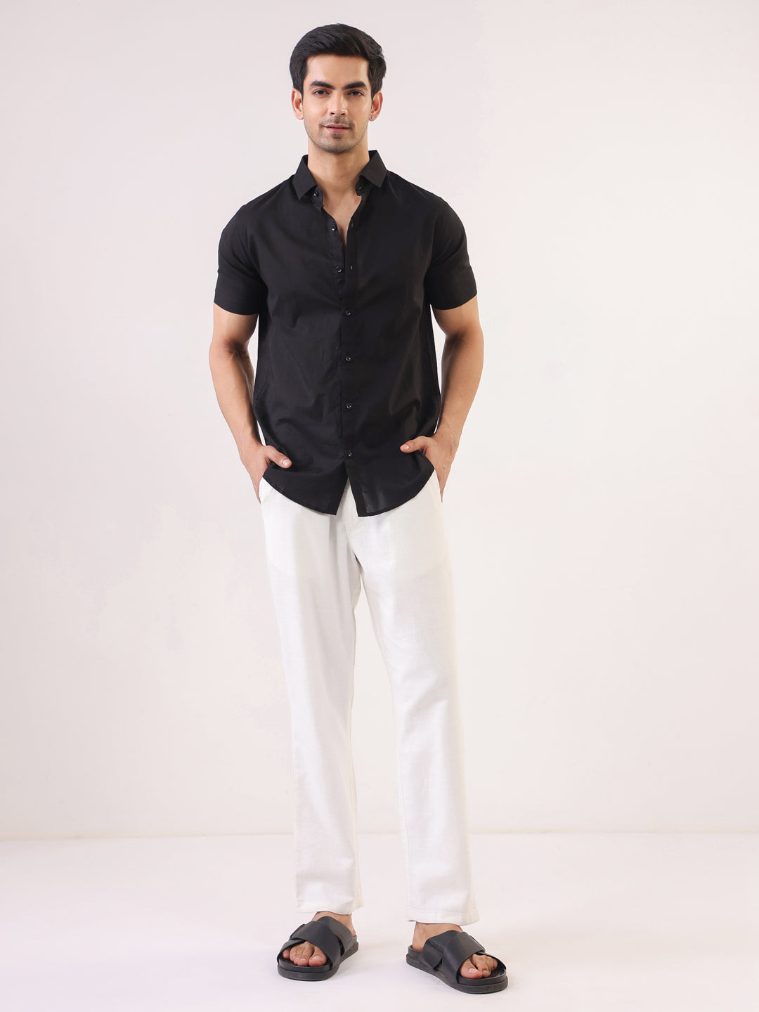 Black Solid Band Collar Cotton Shirt For Men