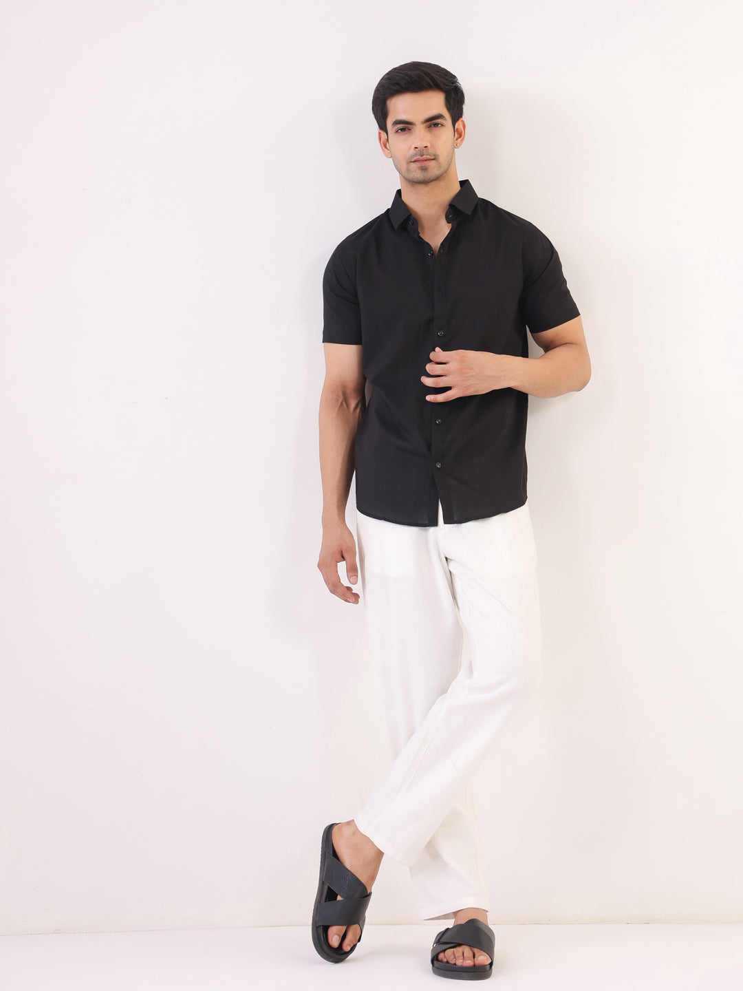 Black Solid Band Collar Cotton Shirt For Men