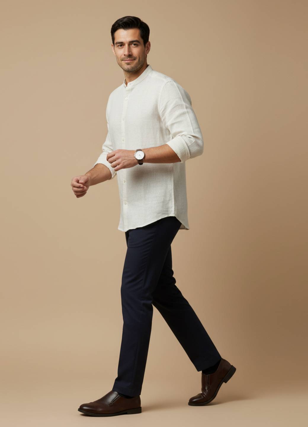 Off White Mandarin Collar Cotton Men's Shirt