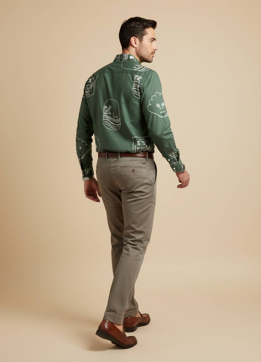 Sea Green Band Collar Abstractl Print Cotton Shirt For Men