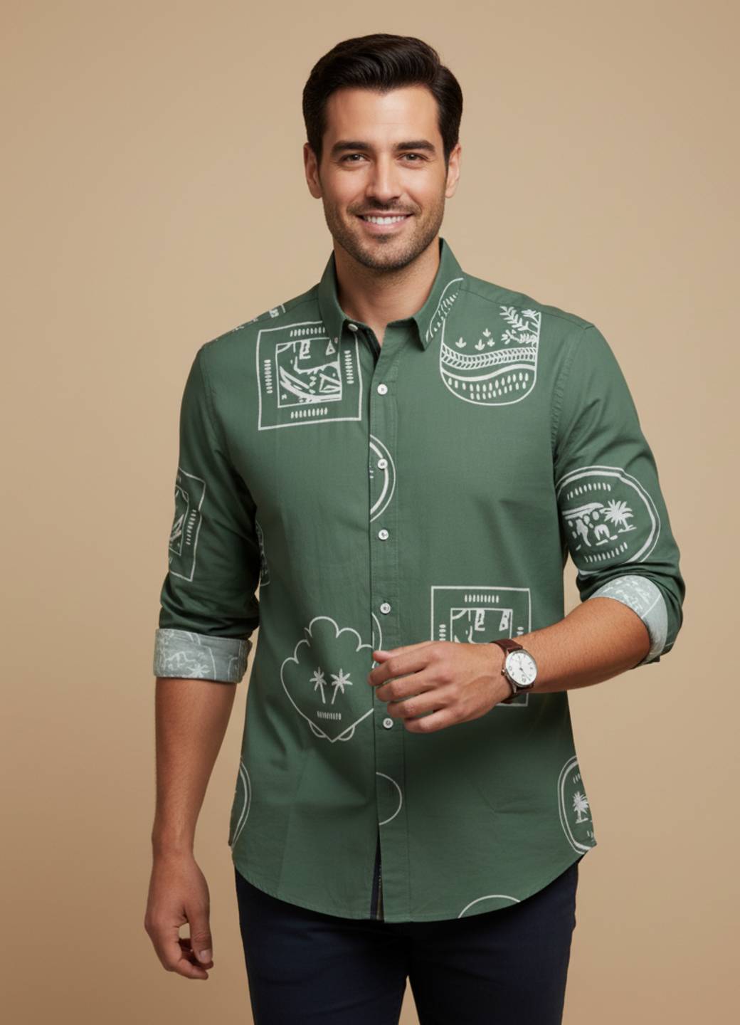 Sea Green Band Collar Abstractl Print Cotton Shirt For Men
