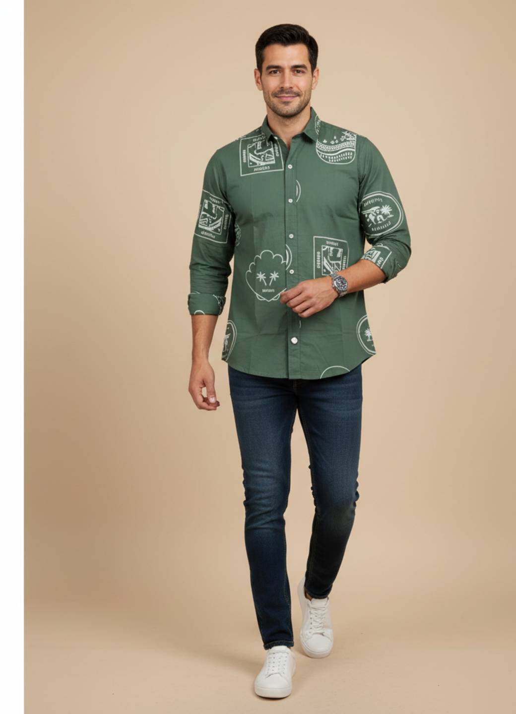 Sea Green Band Collar Abstractl Print Cotton Shirt For Men