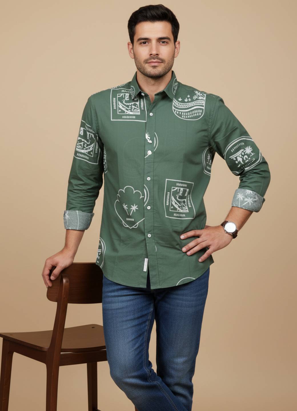Sea Green Band Collar Abstractl Print Cotton Shirt For Men