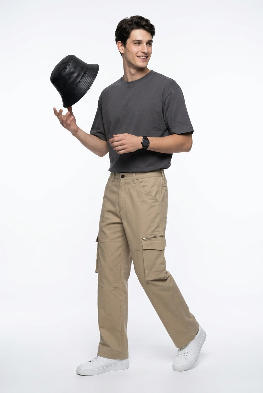 Beige Cotton Solid Mid-Rise Relaxed Fit Utility Cargo Pant For Men