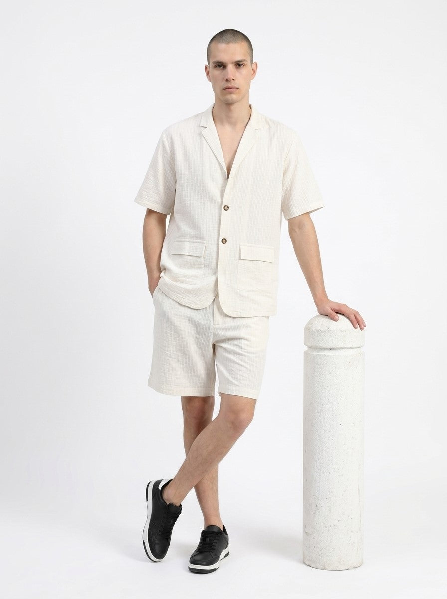 White Striped Shirt Collar Pure Cotton Co-Ord Set For Men