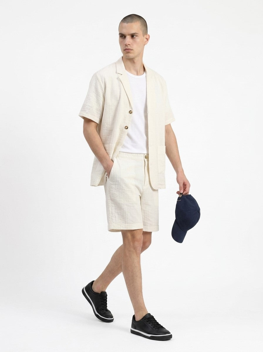 White Striped Shirt Collar Pure Cotton Co-Ord Set For Men
