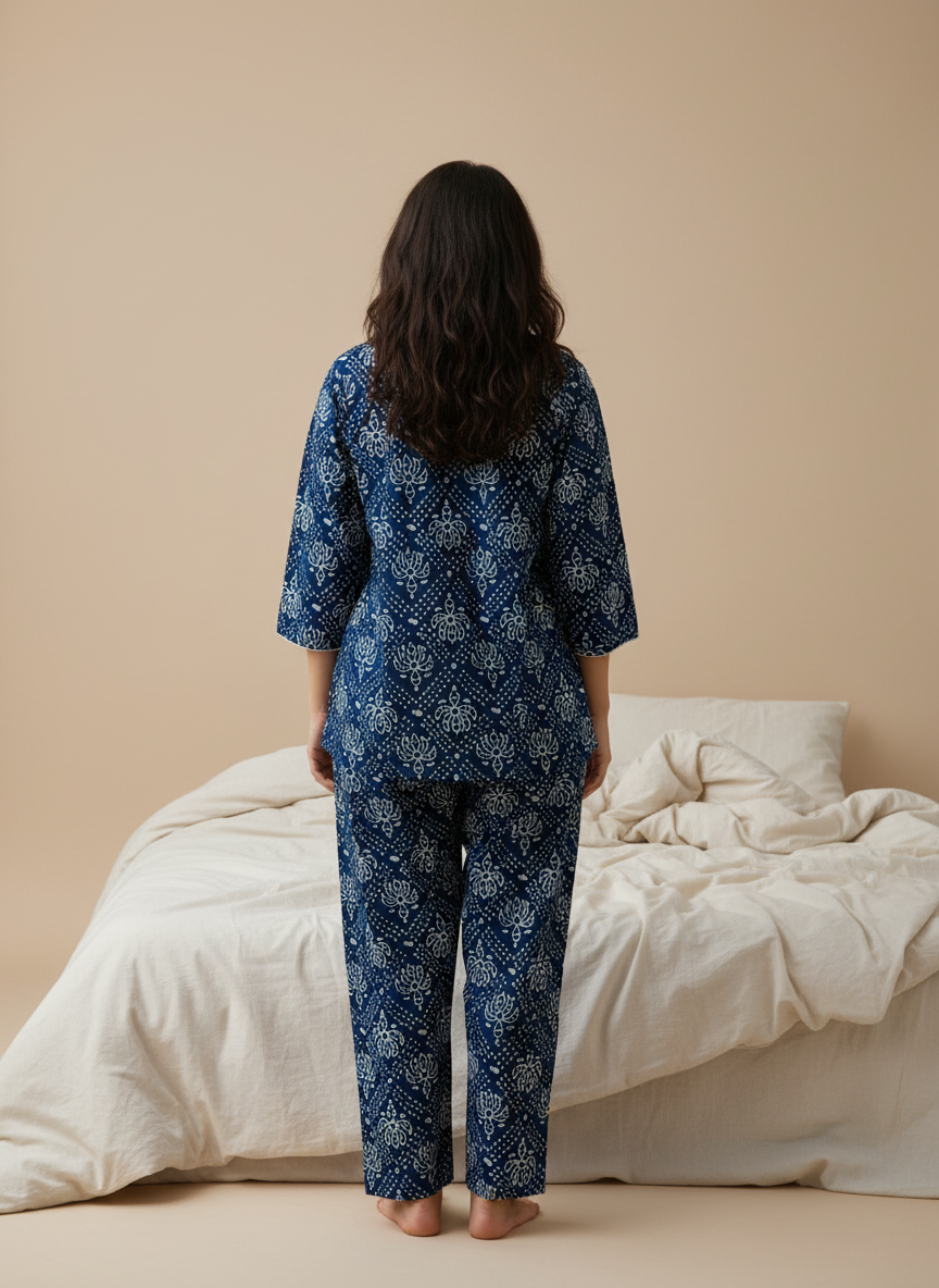 Indigo Blue Cotton Printed Night Suit Set for Women