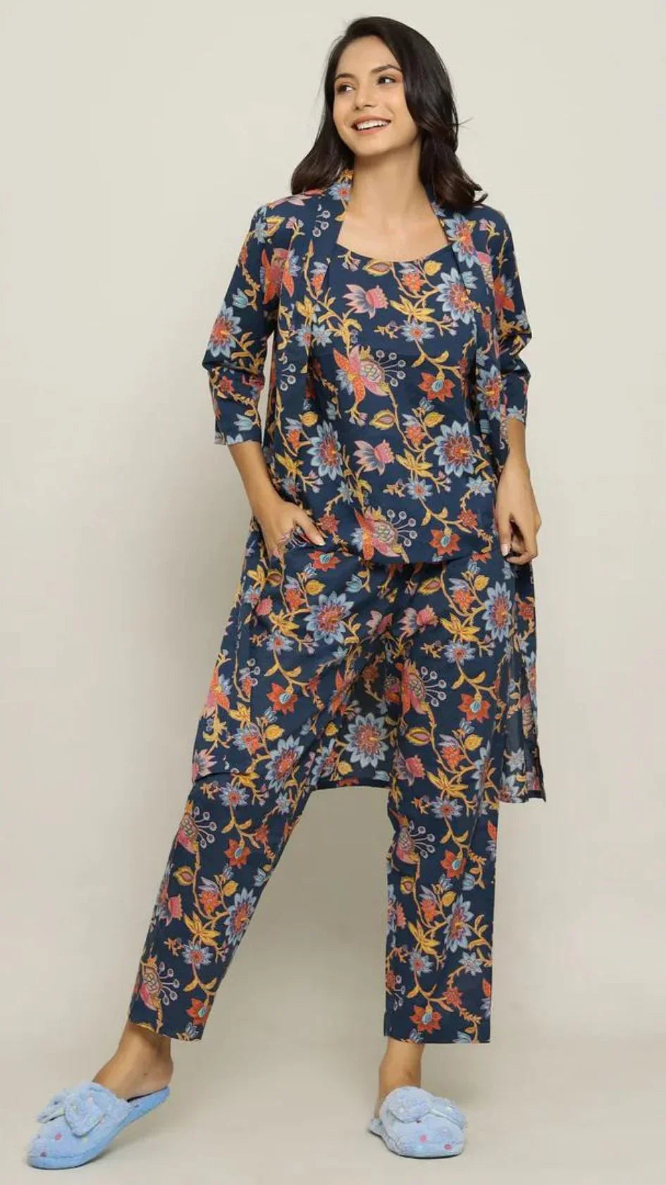 Blue Cotton Printed three Peace Night Suit Set with Pyjama - SanskrutiHomes
