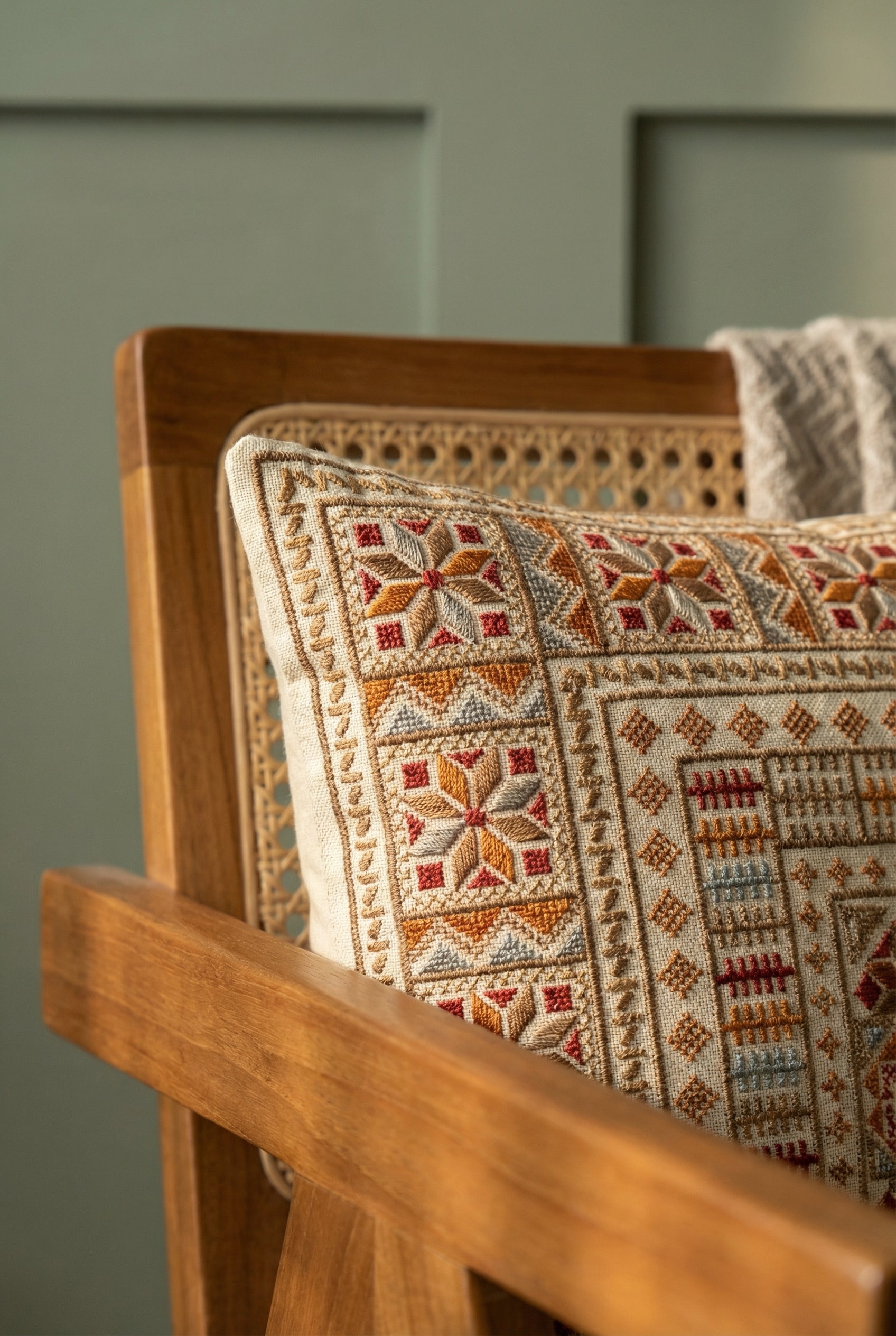 Beige Ethnic Geometric Cotton Cushion Cover With Traditional Design