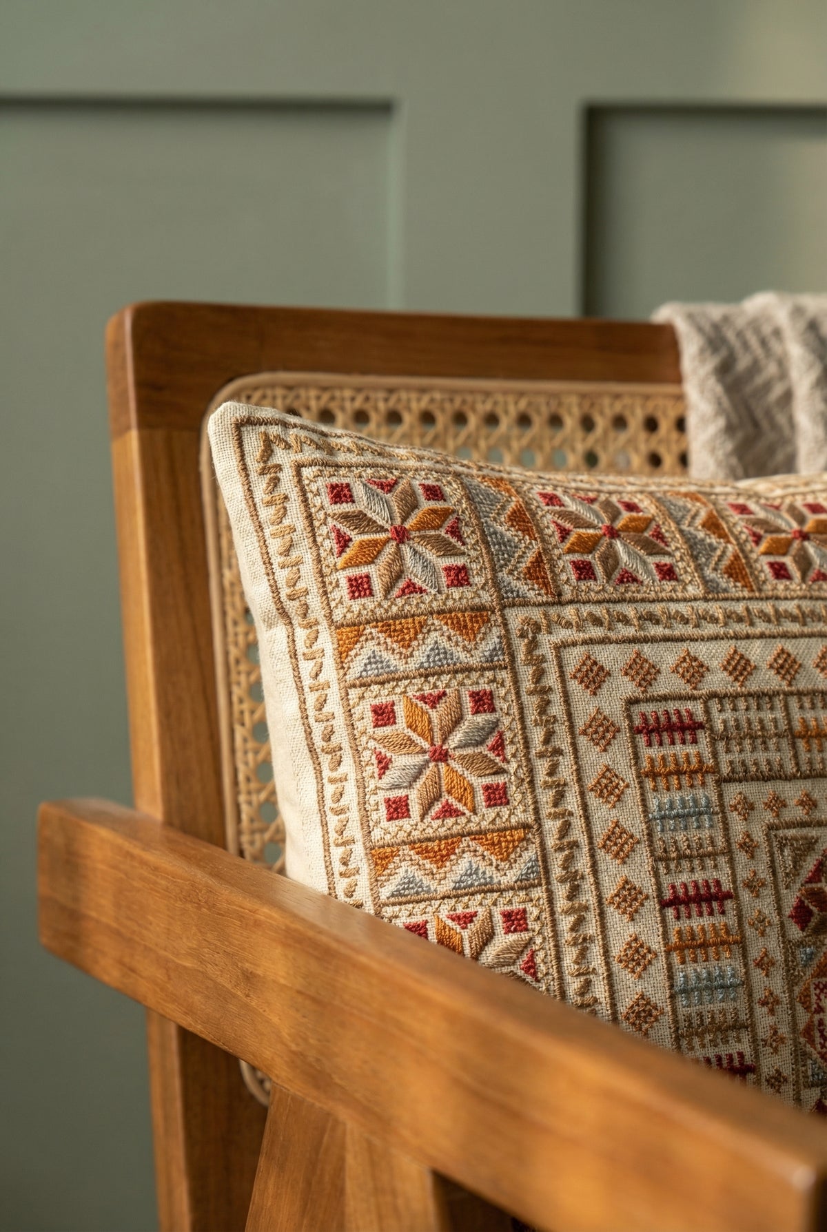 Brown Geometric Embroidered Cotton Square Cushion Cover
