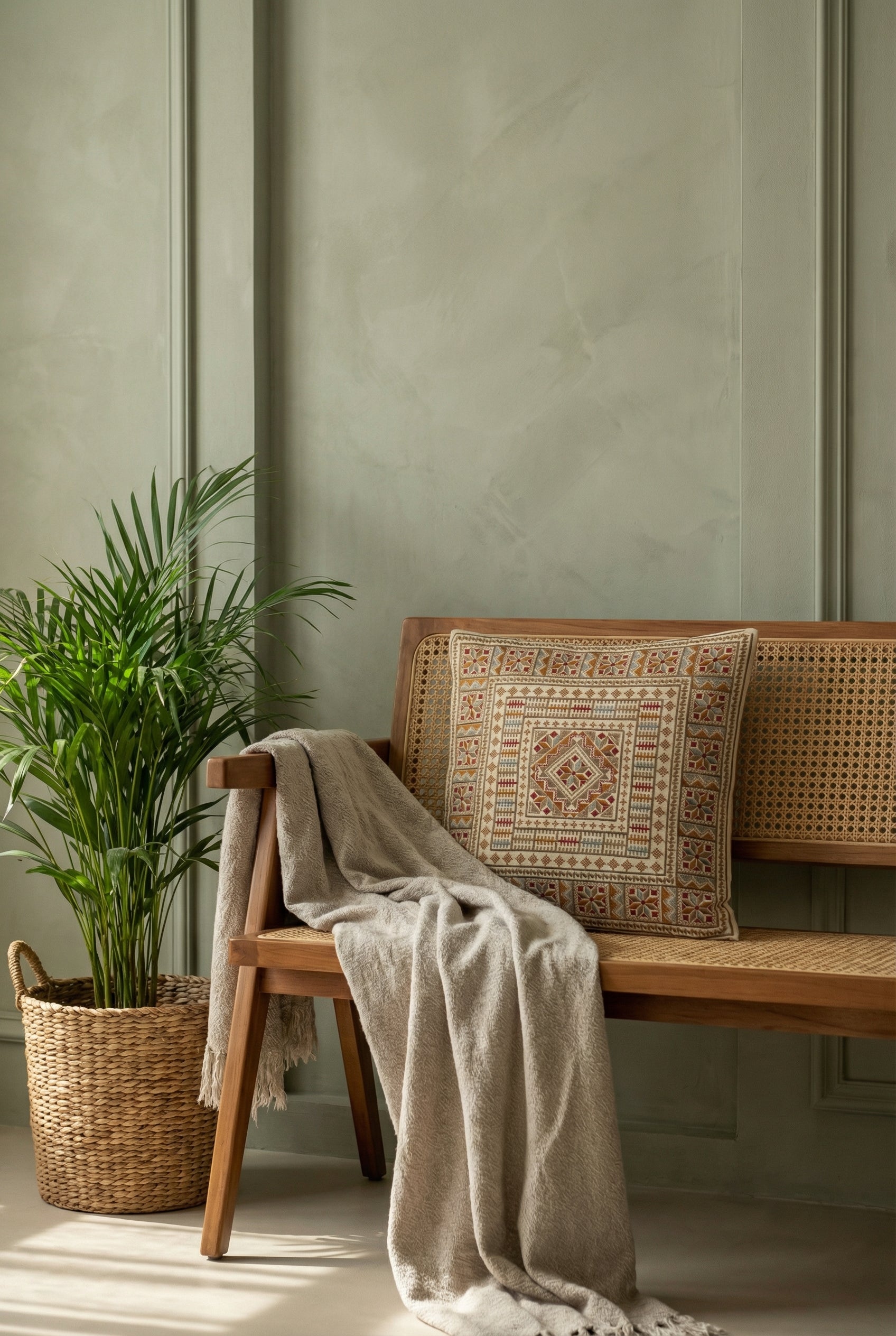 Beige Ethnic Geometric Cotton Cushion Cover With Traditional Design