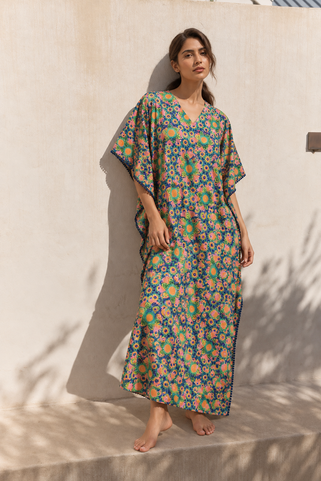 Green & Blue V-Neck Geometric Pure Cotton Nighty For Women