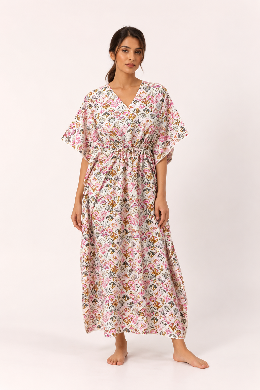 Off White V-Neck Maxi Pure Cotton Ethnic Motifs Nighty For Women