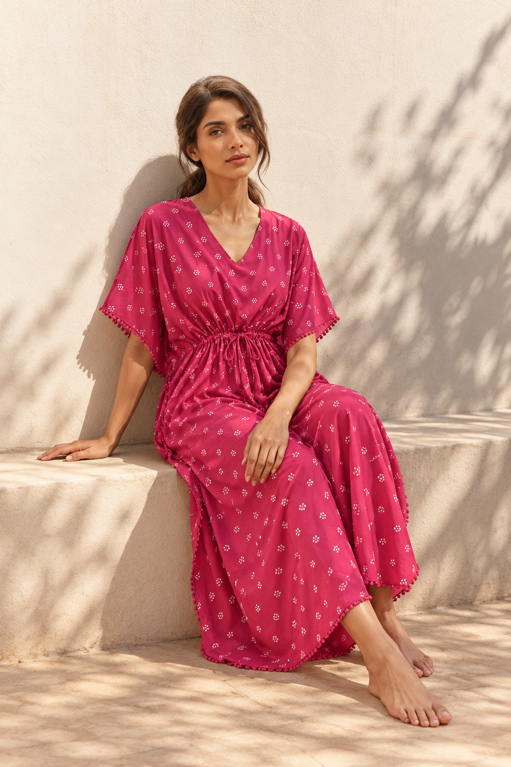 Pink V-Neck Maxi Pure Cotton Floral Nighty For Women