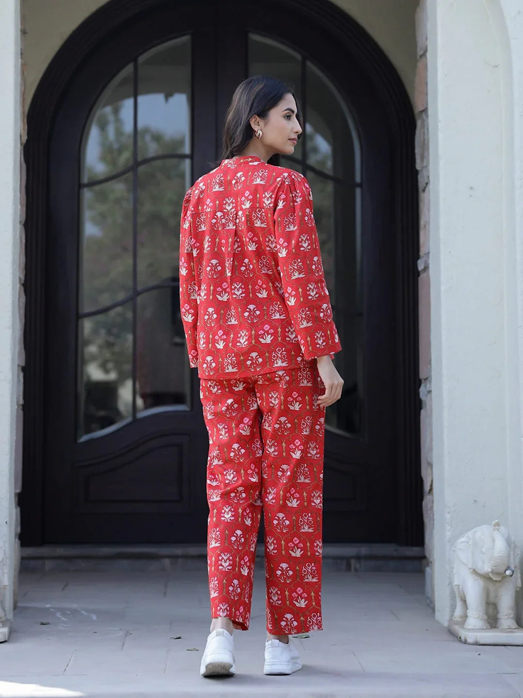 Carmine red Cotton Night Suit Set - SanskrutiHomes