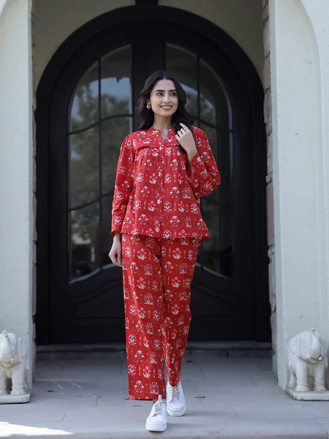 Carmine red Cotton Night Suit Set - SanskrutiHomes